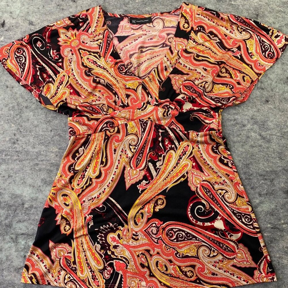 International Concepts Orange V Neck Paisley Flowy Top